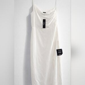 Lulus White Midi Dress L Draped Cowl Neck Slit Minimalist Bridal Chic NWT